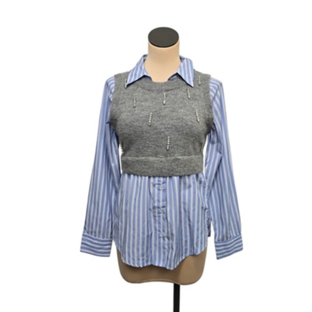 Maeve Shirt Womens Small Blue Striped‎ Gray Knit Vest Overlay Beaded Embellished
